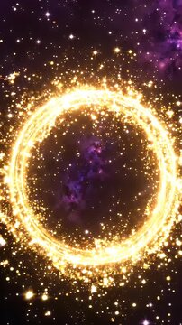 Golden Glittering Ring of Light in Cosmic Nebula - An abstract golden ring composed of glowing particles and energy swirls against a dark cosmic background with a purple nebula and stars.