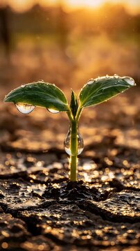 Green Seedling Growing in Cracked Earth Receiving Gentle Rain During Golden Hour - A young green seedling emerges from dry, cracked soil as gentle rain falls, illuminated by the warm glow of the