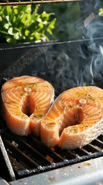 Salmon Steaks Sizzling on Outdoor Barbecue Grill - Two juicy salmon steaks are cooking on a hot barbecue grill, with wisps of smoke rising.