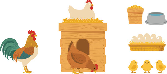 Chicken Farm Vector Set Featuring Rooster Hen Coop Wooden Crate Eggs Straw Nest Feed Bowl And Cute Yellow Chicks Icons © MstAkhlima