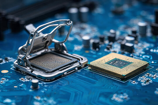 A close-up view of a computer motherboard showing an open CPU socket and a separate central processing unit (CPU) beside it.