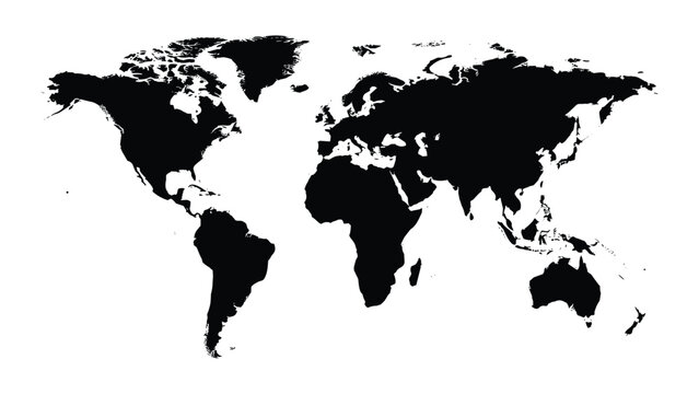 Black silhouette of a world map on a transparent background showing continents and countries  global geography  world atlas
