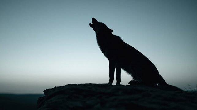 Silhouette of a lone wolf howling at the twilight sky from a rocky outcrop, evoking wilderness and freedom