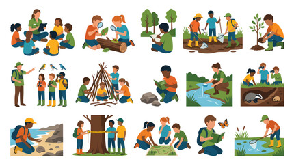 Fototapeta premium Environmental Education and Nature Exploration: Flat Vector Illustrations of Children's Outdoor Learning Activities