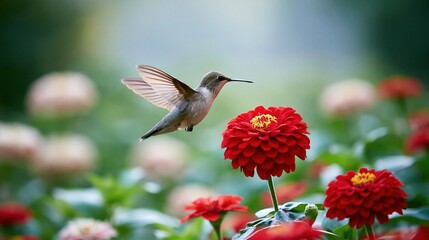 Fototapeta premium Tiny hummingbird hovering near vibrant red zinnia flowers in a sunlit garden