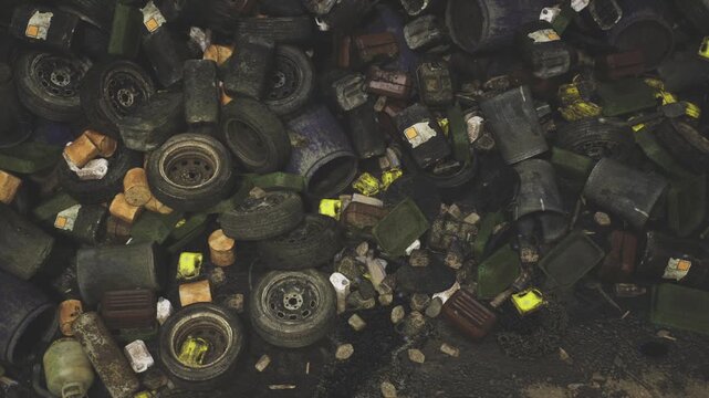 Stacked tires awaiting recycling processing in dim yard, visible tags and worn treads, potential resource for reuse and upcycle projects, message of circular