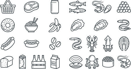 Food and seafood line icon set featuring grocery basket meat donut banana hotdog shrimp lobster and octopus © Imran