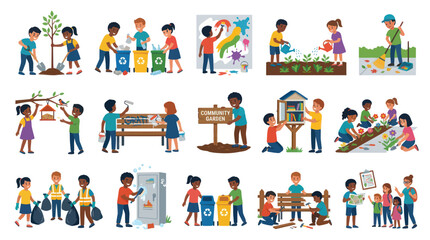 Fototapeta premium Children Volunteering Activities Flat Vector Illustration Set: Kids Recycling, Planting, Cleaning, Community Work