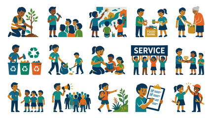 Fototapeta premium Diverse children engaged in community service, volunteering, and education flat illustration