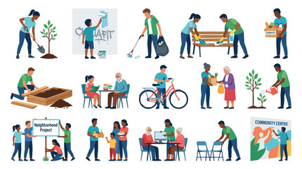 Fototapeta premium Flat Vector Community Volunteering: Diverse People Helping, Sharing Improving Neighborhoods in Social Projects