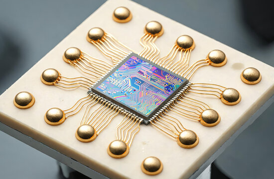 A close-up of a microelectronic integrated circuit chip mounted on a ceramic package with gold bonding wires and contact pads.