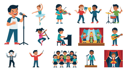 Fototapeta premium Happy Children Performing Arts Flat Vector Illustration. Kids Engaged in Music, Dance, Theater, and Creative Education