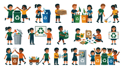 Fototapeta premium Kids Recycling Environmental Education Flat Vector Illustration Set