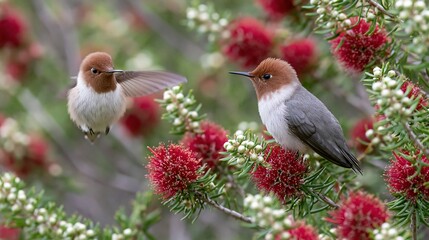 Fototapeta premium Two small hummingbirds feeding on nectar from vibrant red bottlebrush flowers in a garden setting