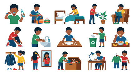Fototapeta premium Children's Daily Routine Vector Icons: Brushing Teeth, School, Bedtime, Chores, Study
