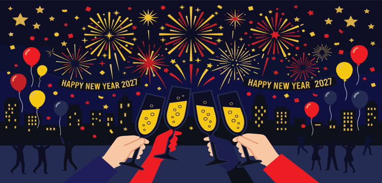Happy new year 2027, celebration greeting card, new year card Gold text effect firework background