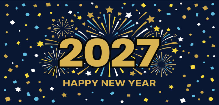 Happy new year 2027, celebration greeting card, new year card Gold text effect firework background