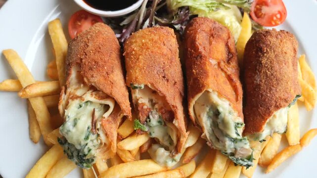 Crispy Fried Chicken Rolls Stuffed with Spinach and Cheese