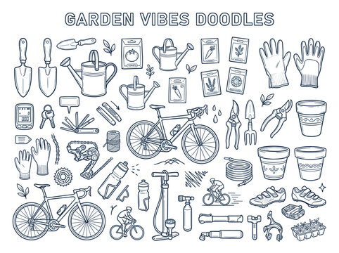 Collection of charming garden vibes doodles featuring gardening tools plants flowers and whimsical outdoor illustrations