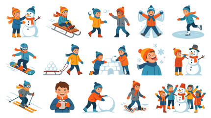 Fototapeta premium Happy Kids Winter Fun Flat Illustration Set. Children Playing in Snow: Sledding, Skiing, Snowboarding, Snowman, Ice Skating.