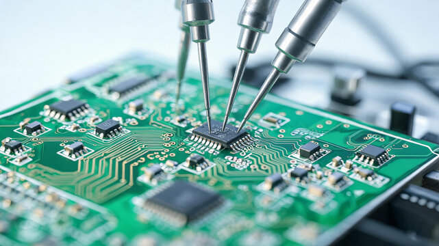 Test probes contact pins of integrated circuit on green printed circuit board for electronic component inspection.
