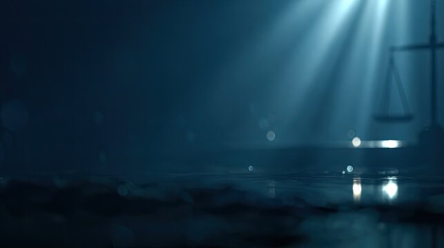 Dramatic spotlight illuminates a balanced scale in dark, reflective depths