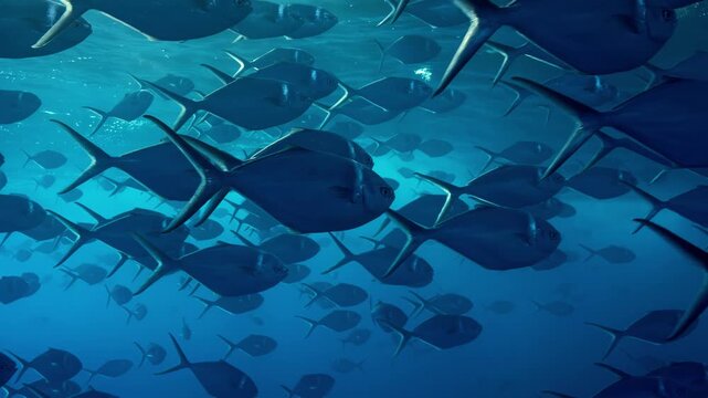 Large silver fish school swimming through deep blue ocean