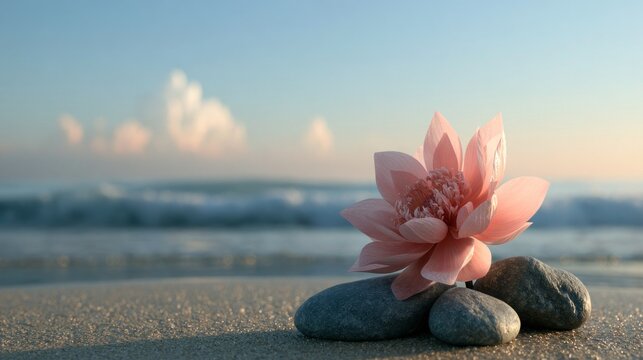 Pink lotus flower on pebbles at the beach.