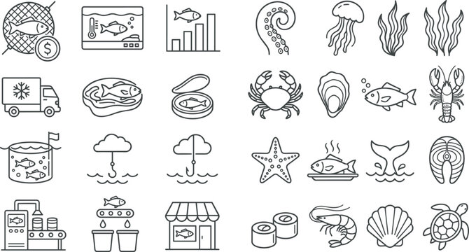 Seafood business and marine life line icon set featuring fish processing crab shrimp and lobster