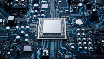 Fototapeta premium A detailed close-up of a printed circuit board featuring a central integrated chip and various electronic components.