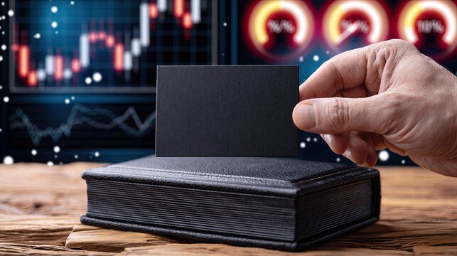 Hand presents blank card atop dark book, digital charts glow