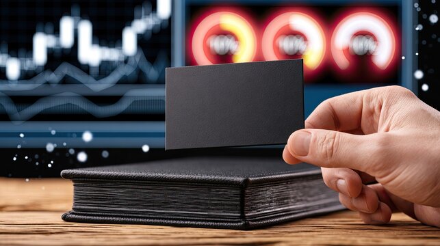 Hand holds blank card over book, digital charts background
