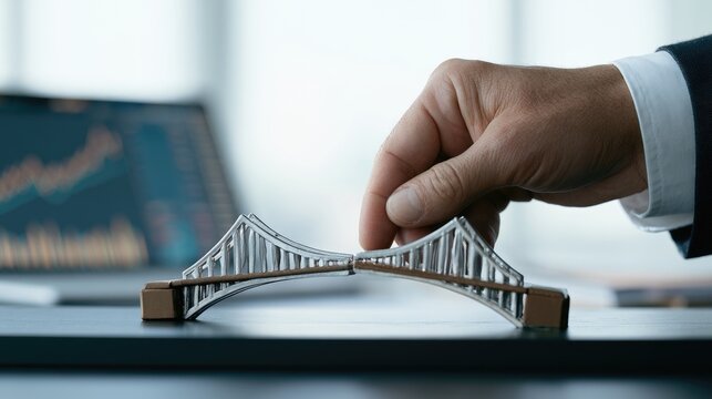 Hand connects miniature bridge segments, symbolizing finance, strategy, and solutions