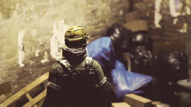 Search and rescue operative inside damp warehouse, helmet and protective suit facing cluttered pallet stacks and sealed bags, muted warm tones and focused