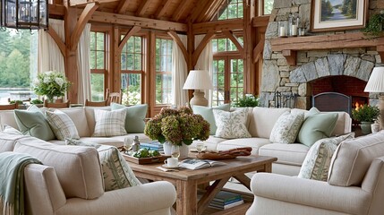 Obraz premium Cozy Rustic Living Room with Large Sectional Sofa, Stone Fireplace, and Wood Beamed Ceiling