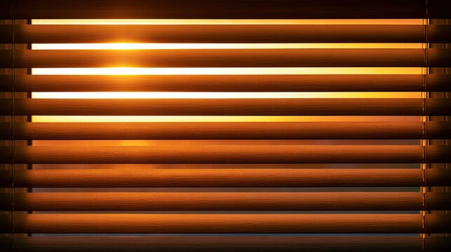 Warm golden sunlight streams through horizontal blinds