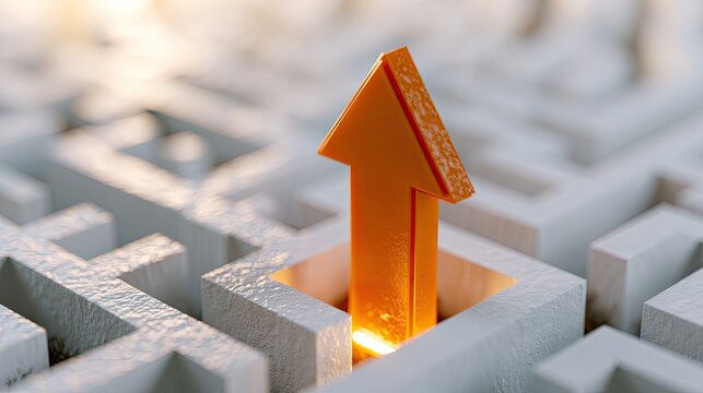 A bright orange arrow emerges from a maze, symbolizing success and overcoming challenges