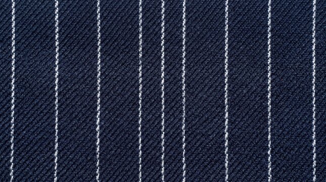 Close up view of navy pinstripe woven fabric showing diagonal texture and sharp vertical stitching for tailoring samples and material inspection