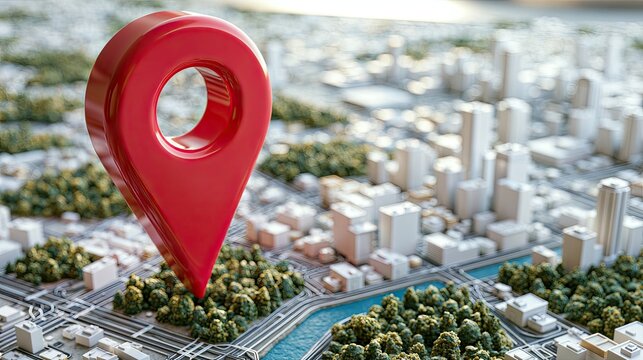 Large red map marker on detailed cityscape model with green trees and water