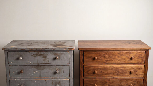 Weathered painted dresser beside beautifully refinished walnut chest of drawers showing dramatic before and after furniture restoration transformation comparison