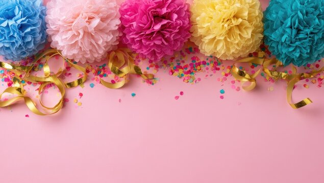 Five fluffy pom-poms in blue, pink, yellow, and turquoise on a pink surface