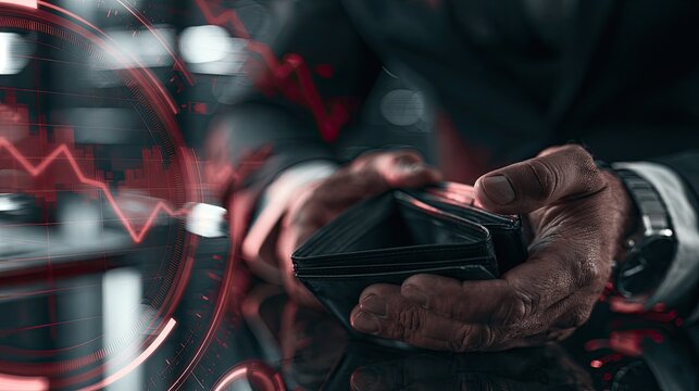 Empty wallet held by man, overlaid with red financial graph depicting decline