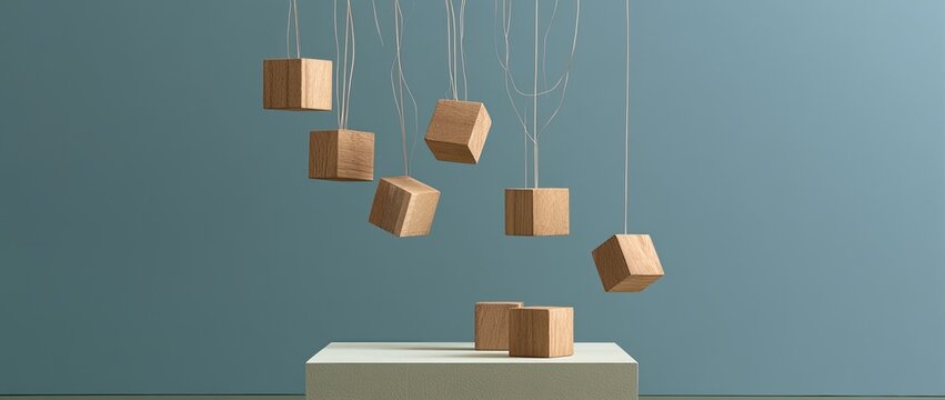 Wooden cubes suspended by threads against a blue backdrop