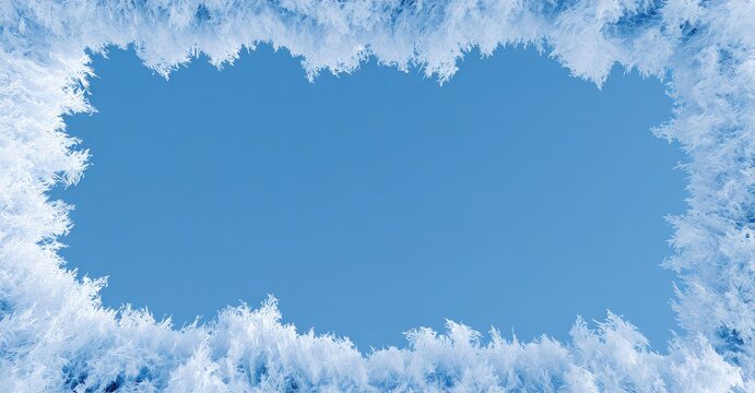 Frosty white ice crystals frame a clear, bright blue sky