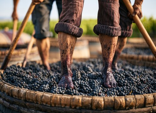 Bare feet stomp ripe grapes in an ancient wooden trough for wine