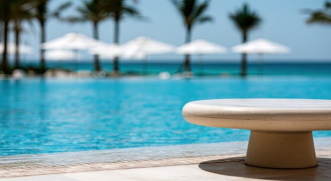 A sunlit, serene poolside with turquoise water, white umbrellas, and palm trees