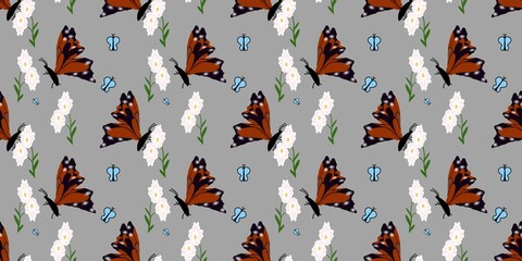 Minimalist  repeating pattern of orange butterflies and white daisy flowers on a solid neutral grey background. Modern, clean design suitable for fabric. © Dunzz
