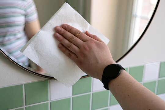 Hand with watch wipes circular mirror, green tiled wall