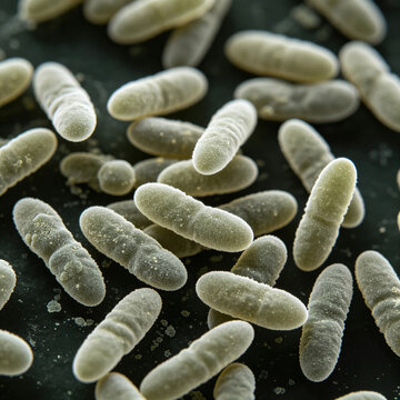 Scanning electron micrograph of *Francisella tularensis*&mdash;a small coccobacillus that causes tularemia; clinical microbiology microscopy image.
