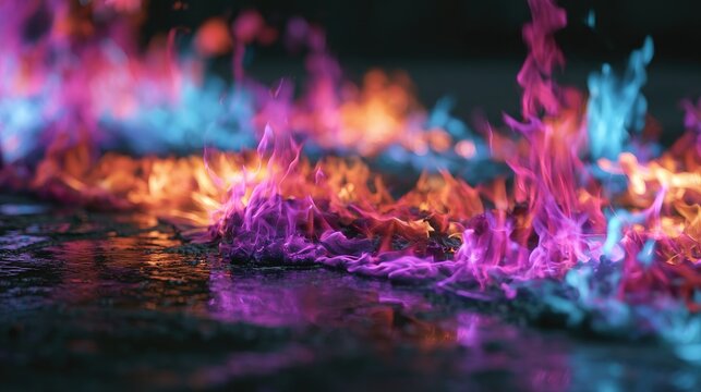 Vivid magenta and cyan flames dance across a dark, wet surface, casting reflections